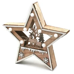 Forêt Et Biches - Déco De Noël Étoile En Bois Lumineux 25 Cm