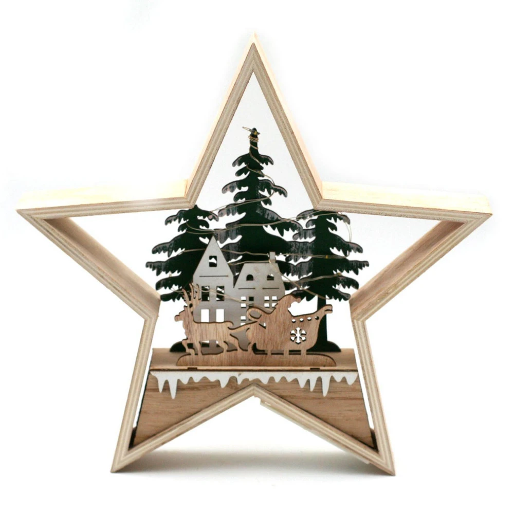 Village Et Traineau - Déco De Noël Étoile En Bois Lumineux 25 Cm 2 Village Et Traineau - Déco De Noël Étoile En Bois Lumineux 25 Cm – Image 2